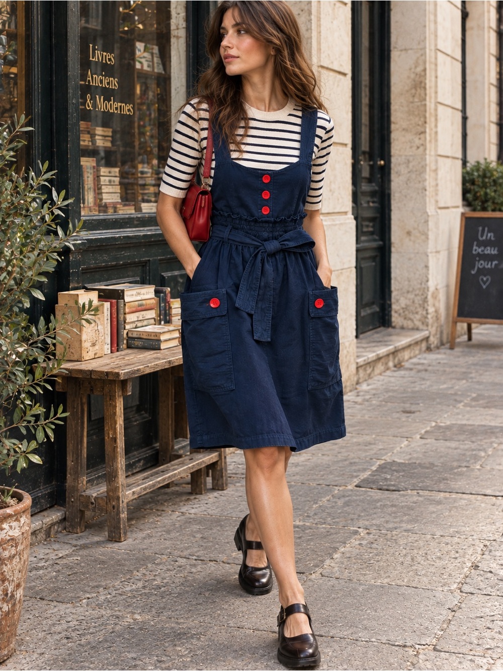 Sonia by Sonia Rykiel NWOT Navy Cotton Pinafore Jumper Dress Red Buttons FR 36